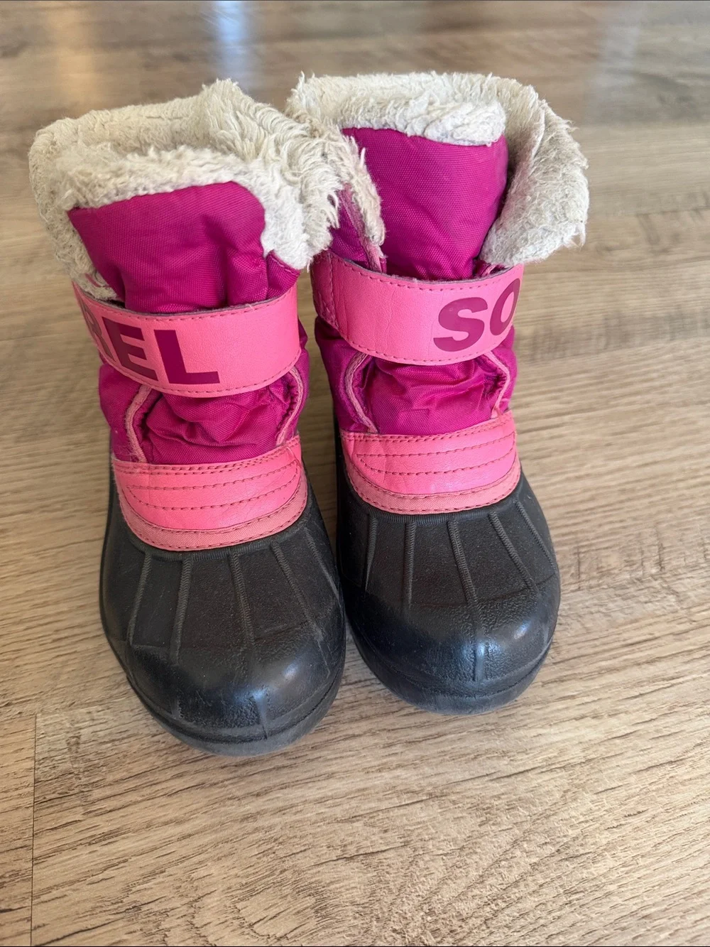 Sorel Pink and Black Kids Winter Boots with Faux Fur Trim